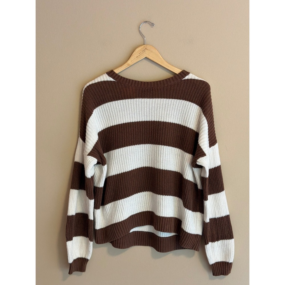Hollister Womens Brown White Striped Crewneck Knit Sweater Small Relaxed Fit